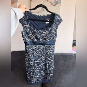 Tadashi Shoji Navy and Beige Lace Midi Dress